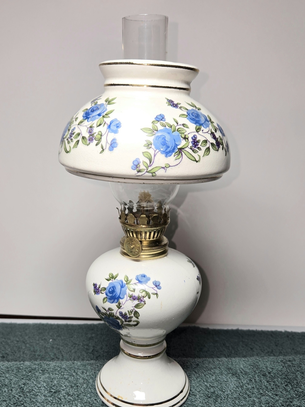 Vintage Enesco Japan Blue Rose Porcelain Oil Lamp